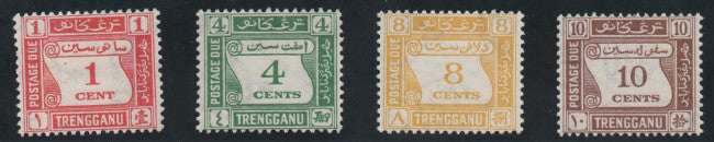 Malaya - Trengganu 1937 (10 Aug) 1c-10c watermark multiple script CA (sideways), perforations 14, complete set of four postage dues