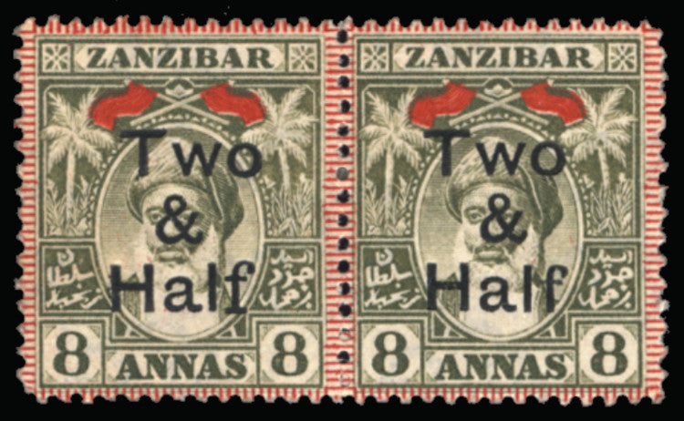 Zanzibar 1904 2+D20 on 8a Grey Olive, SG209b