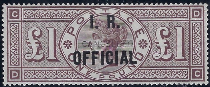 Great Britain 1890 £1 Brown-lilac (I.R. Official, watermark orbs). SG O12var