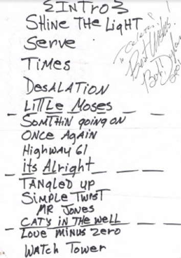 Bob Dylan signed set list