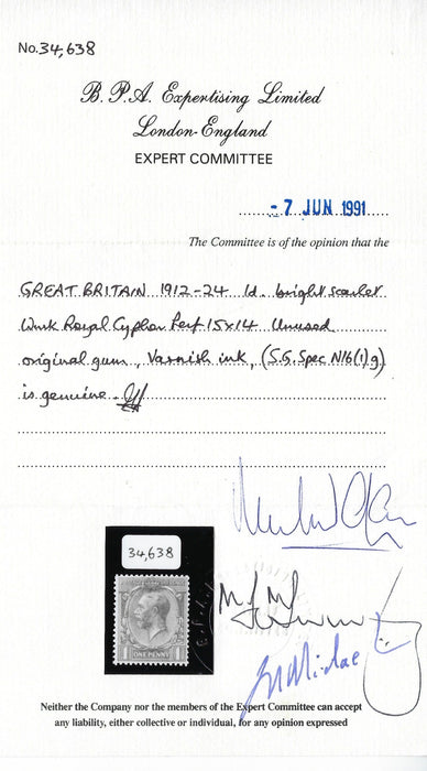 Great Britain 1912 1d bright scarlet (Varnish ink) variety, SG357var