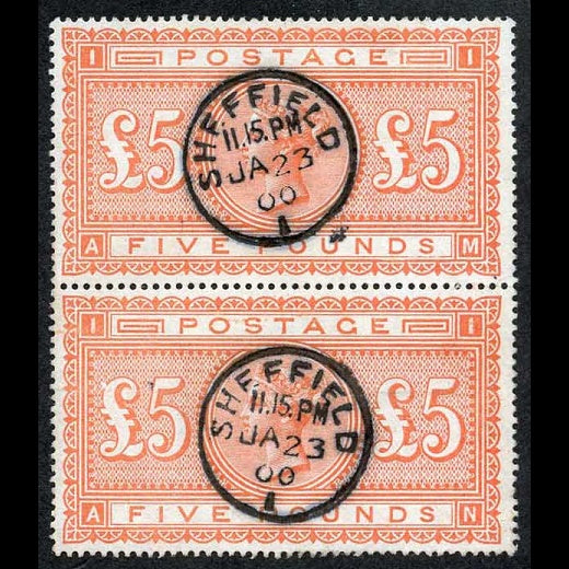 Great Britain 1882 £5 bright-orange vertical pair with Superb upright Sheffield circular date stamp. SG137