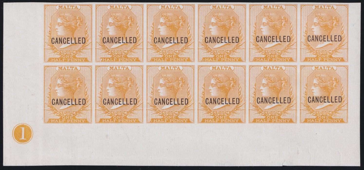 Malta 1872(c.) ½d yellow-buff imperforate plate proof, SG10