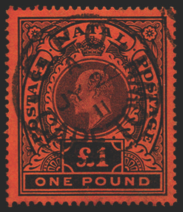South Africa 1908-09 Natal £1 purple and black/red used in Cape of Good Hope, SGZ68