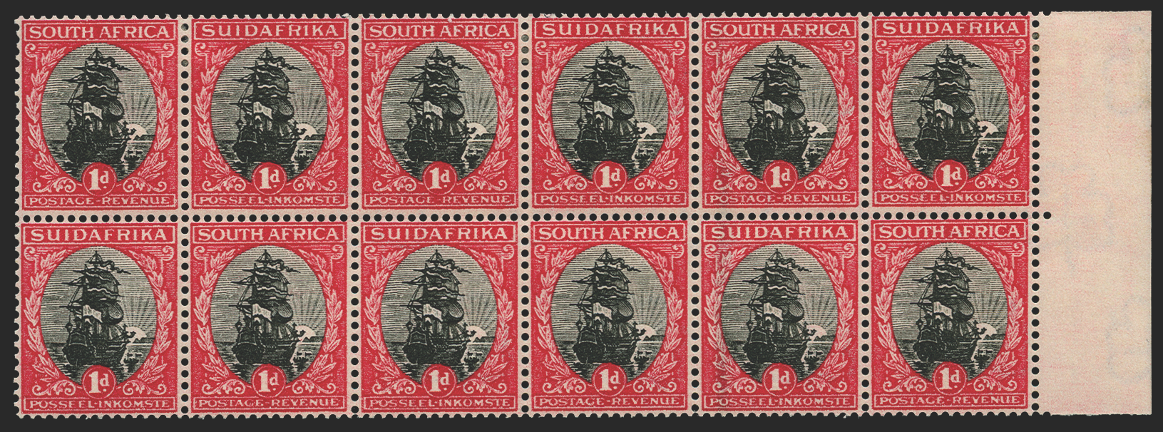 SOUTH AFRICA 1929 (c.) 1d black and carmine "Darmstadt" trial printings, SG43var