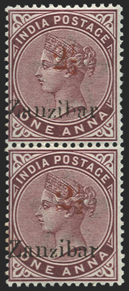 Zanzibar 1898 2½ in red on 1a plum, SG32, 34