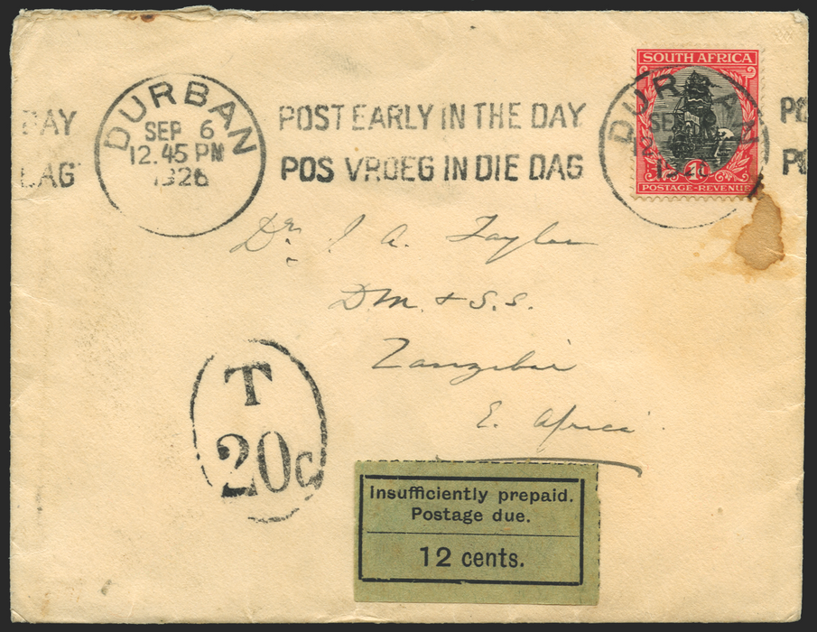 Zanzibar 1926 12c black/green Postage Due Cover , SGD7