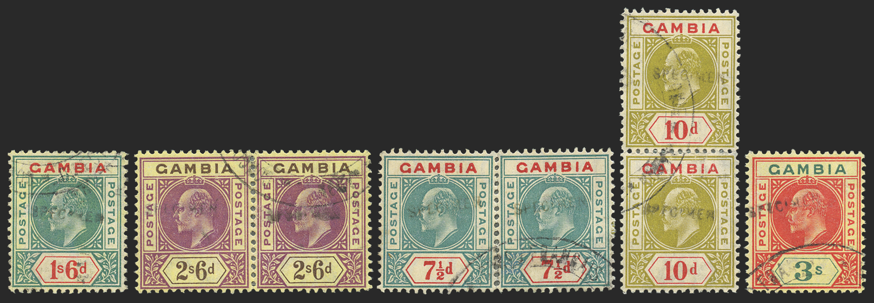 Gambia 1905 group with local SPECIMEN handstamp from Gabon, SG53/66