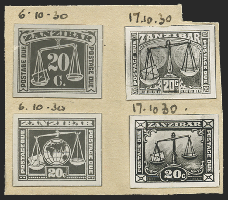 Zanzibar 1930 "bromides" of hand-painted Postage Due essays, SGD25/30