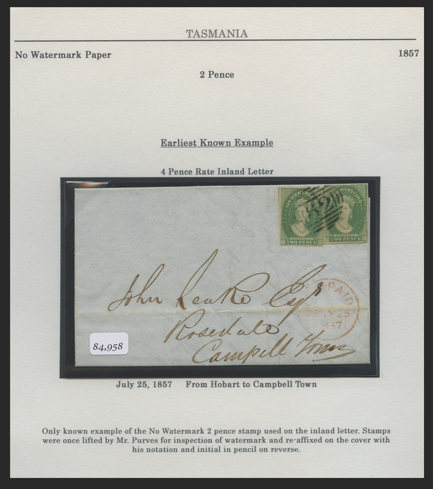 Australia Tasmania 1857 cover, SG20