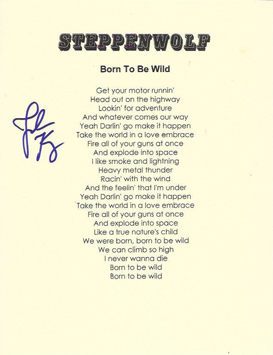 Steppenwolf 'Born to Be Wild' lyrics autographed by John Kay