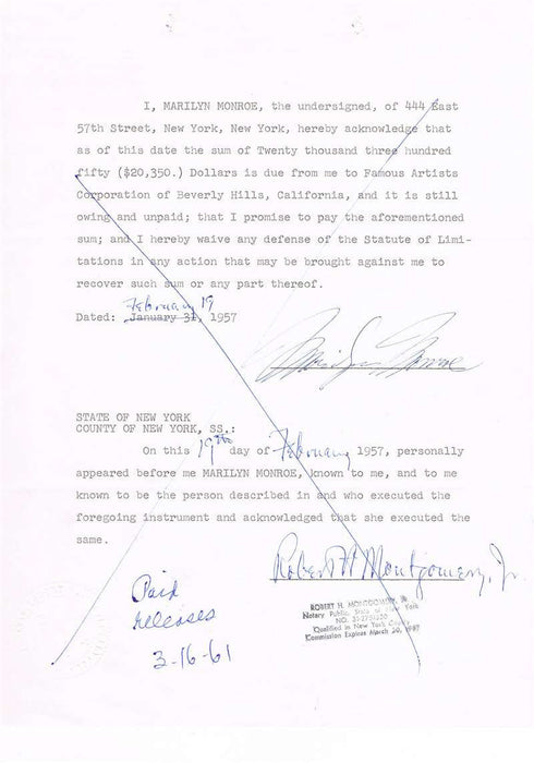 Marilyn Monroe Autograph on Legal Document