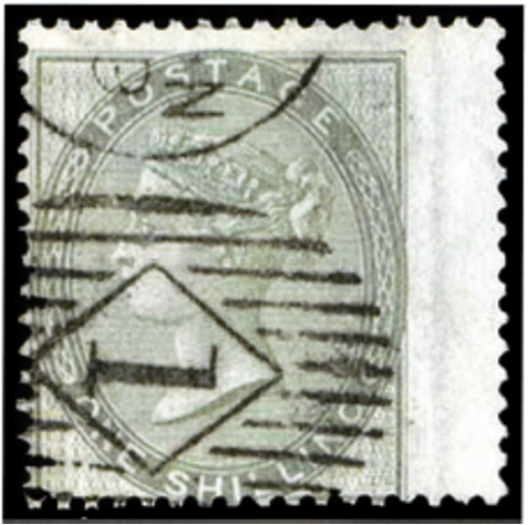 Great Britain 1856 1s pale green, Plate 1, on azure paper, SG73a
