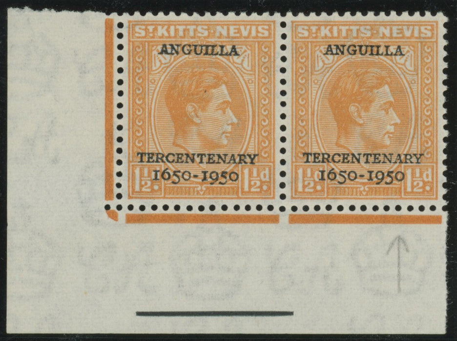 St Kitts-Nevis 1950 ‘Anguilla Tercentenary' 1½d orange error, SG87/b