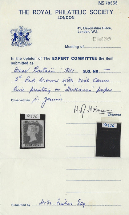 Great Britain 1841 2d Red Brown on "Dickison" Silk thread paper. SGDP44