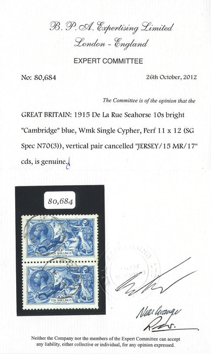 Great Britain 1915 10s Bright "Cambridge" blue. SG411var