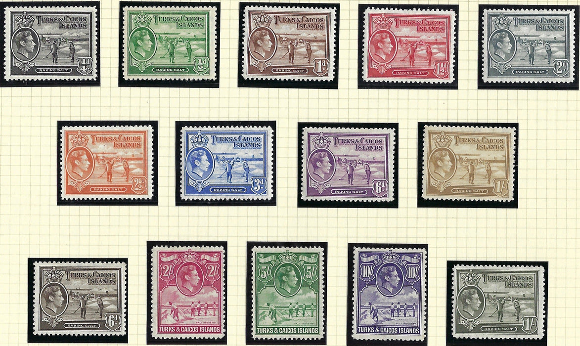 Turks and Caicos Islands 1938-45 George VI Watermark Multiple Script 1/4d to 10s bright violet set of 14, SG194/205.