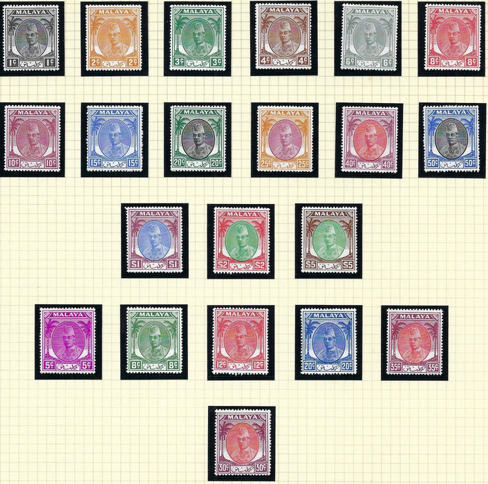 Malaysian States Kelantan 1951-55 'Sultan Ibrahim' chalk surfaced paper, Watermark Multiple Script CA, 1c to $5 green and black set of 21, SG61/81.