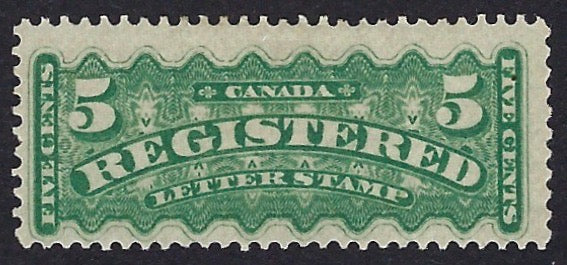Canada 1875-92 Registration Stamps 5c green (shades) perforations 12 x 11¾, unused, SGR11