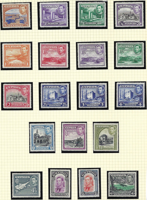 Cyprus 1938-51 King George VI Watermark Multiple Script CA 1/4pi to £1 scarlet and indigo set of 19, SG151/163.
