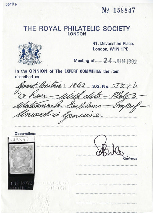 Great Britain 1862 3d Rose, Plate 3 (white dots), SG78a