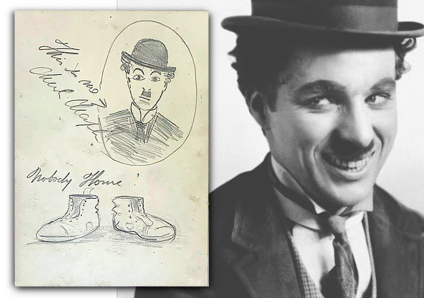 Charlie Chaplin signed self-portrait sketch