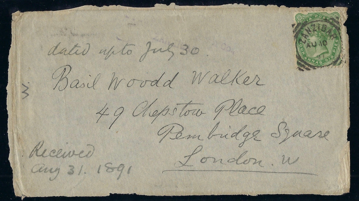 Zanzibar 1891 cover FRONT to 'Basil Wood Walker SGZ70