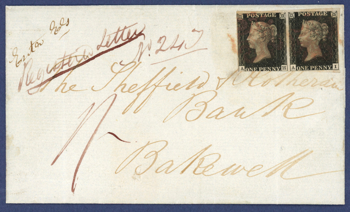 Great Britain 1840 1d black, plate 9 pair on Registered Cover, SG2