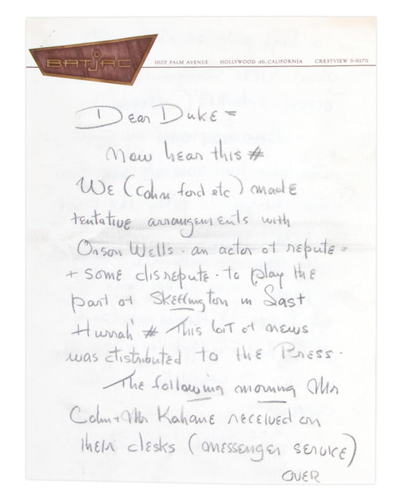 John Ford handwritten letter to John Wayne