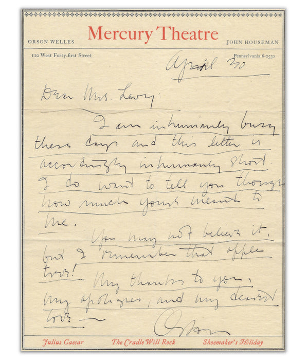 Orson Welles twice-signed handwritten letter