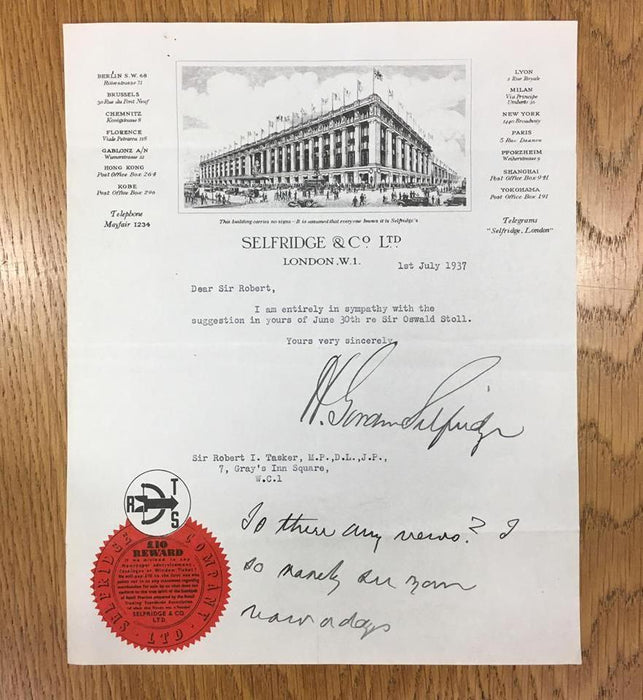 HG Selfridge typed signed letter