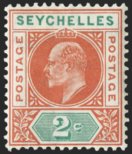 SEYCHELLES 1906 2c chestnut and green variety, SG60a
