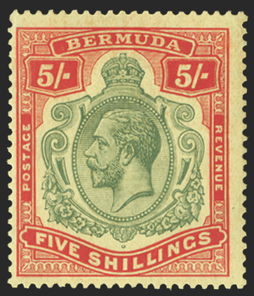 BERMUDA 1918-22 5s green and carmine-red/pale yellow variety, SG53db