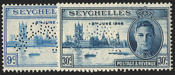 SEYCHELLES 1946 Victory 9c and 30c SPECIMENS, SG150s/1s