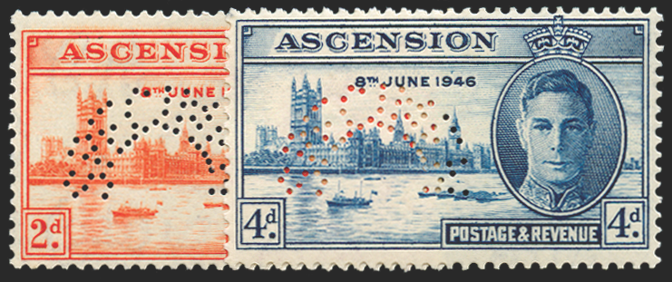 ASCENSION 1946 Victory 2d and 4d (SPECIMEN), SG48s/9s