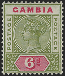 Gambia 1898-1902 6d olive-green and carmine, variety, SG43a