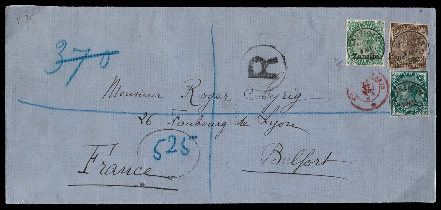 Zanzibar 1896 Registered Cover to France, SG3D, 5D, 8D