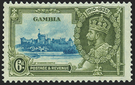 Gambia 1935 Silver Jubilee 6d light blue and olive-green variety, SG145a