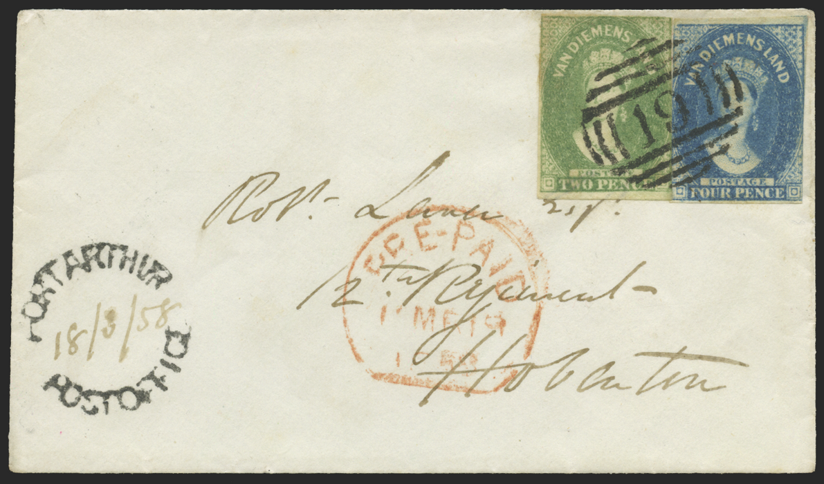 Australia Tasmania 1858 cover, SG32, 37