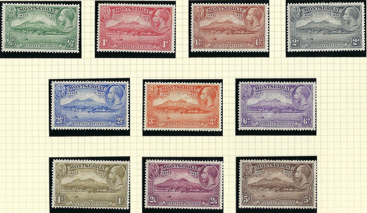 Montserrat 1932 (18 Apr) King George V 300th Anniversary of Settlement of Montserrat, Watermark Multiple Script CA ½d to 5s chocolate set of 10, SG84/93.