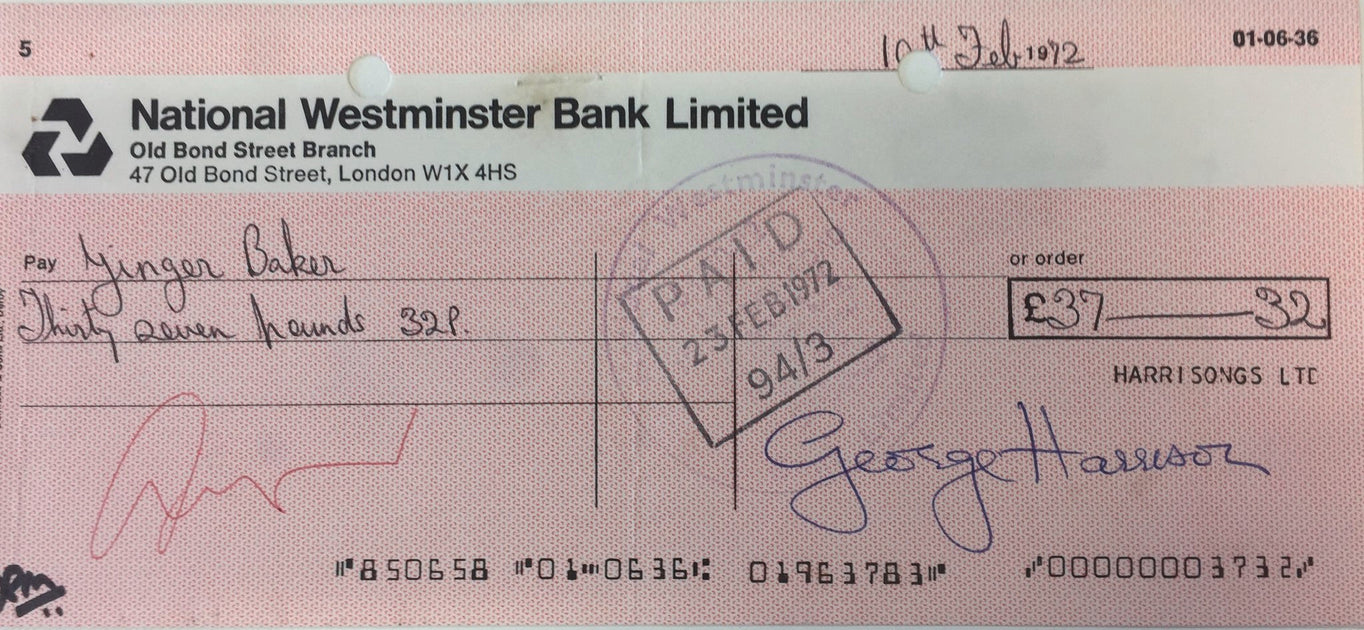 George Harrison signed cheque made out to Ginger Baker — JustCollecting