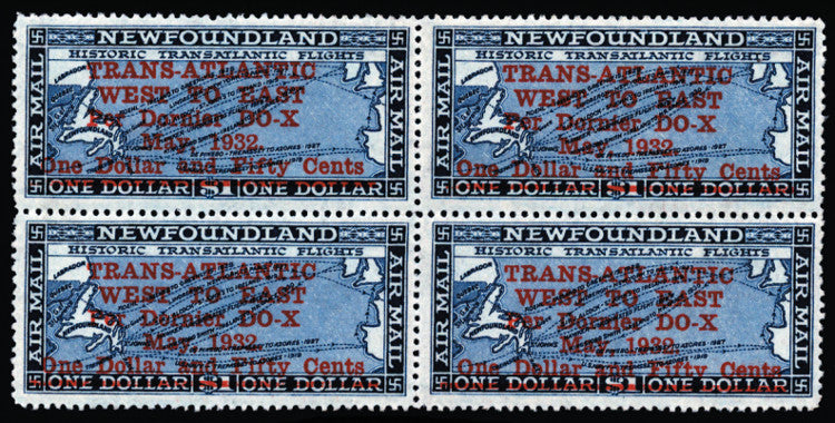 Newfoundland 1932 $1.50 on $1 deep blue 'Dornier DO-X', block of 4 , SG221
