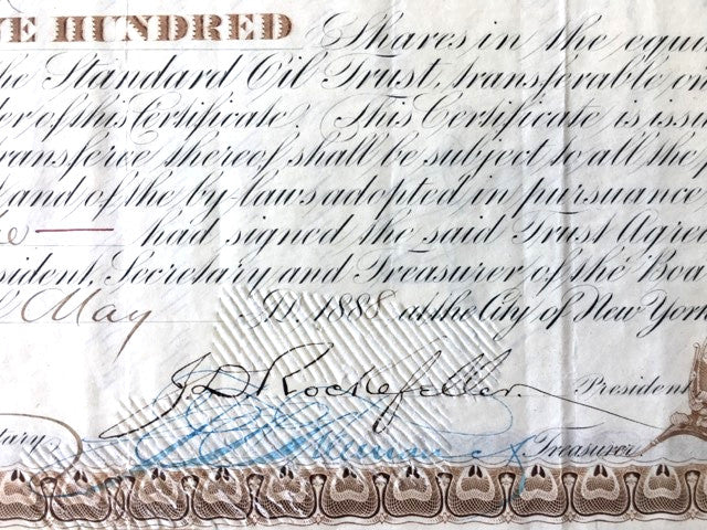JD Rockefeller signed Standard Oil stock certificate