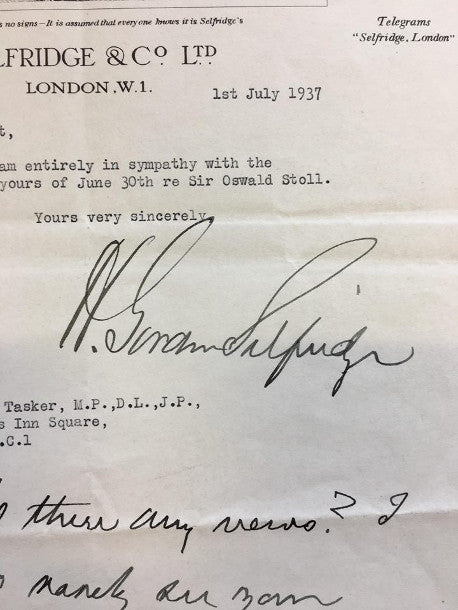 HG Selfridge typed signed letter