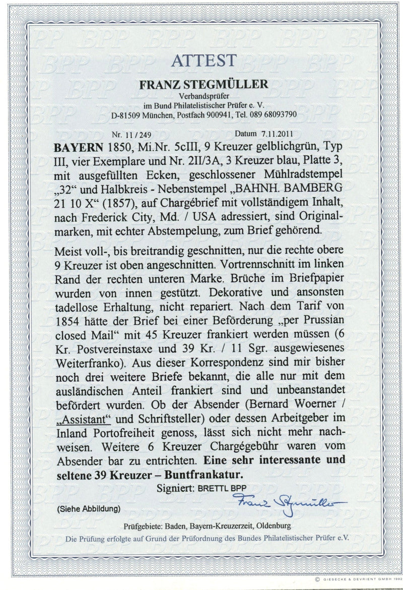Bavaria 1857 letter from Bamberg, Bavaria to Frederick City, Maryland, US