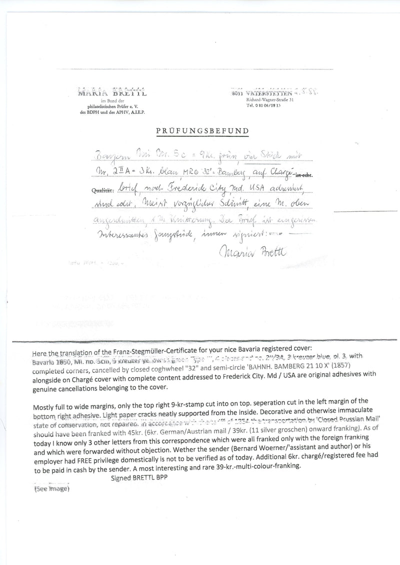 Bavaria 1857 letter from Bamberg, Bavaria to Frederick City, Maryland, US