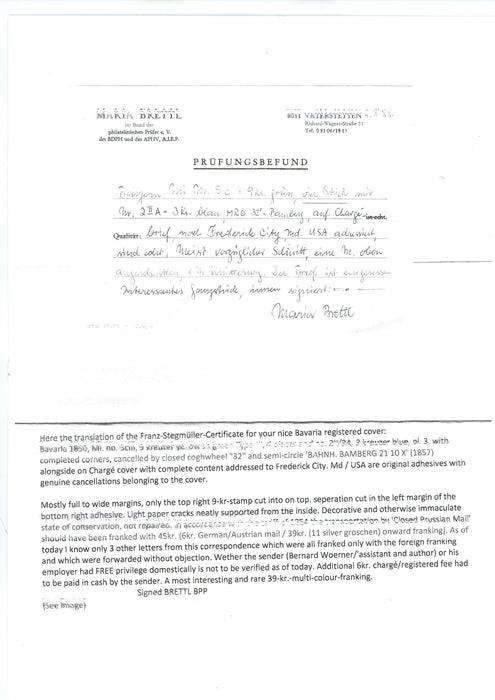 Bavaria 1857 letter from Bamberg, Bavaria to Frederick City, Maryland, US