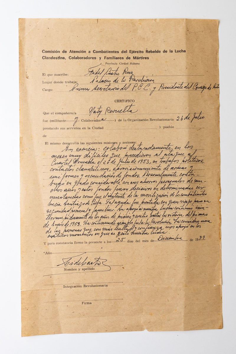 Fidel Castro-signed certificate of recognition to his mistress Natty Revuelta Clews