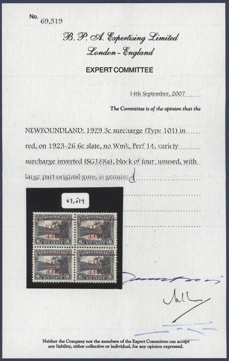 Newfoundland 1929 3c on 6c slate error, SG188a