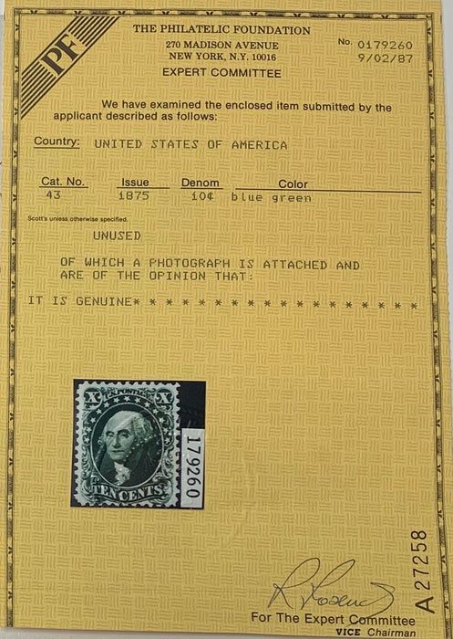 USA 1875 10c deep bluish green (Reprint), SG47